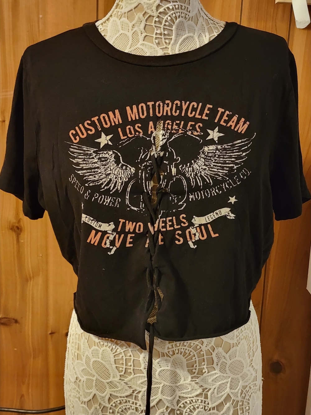 Studio 1011 Black Lace-Up Front Motorcycle Graphic Crop Top